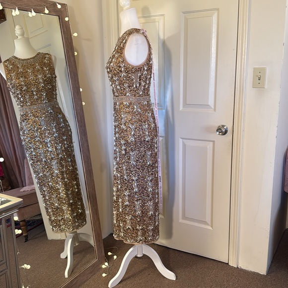 MAC DUGGALBeige Embellished High Neck Sleeveless A Line Dress